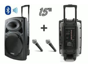 15" тонколона с вграден акумулатор, Bluetooth, МП3 плейър, безжични микрофони 2 бр. за караоке