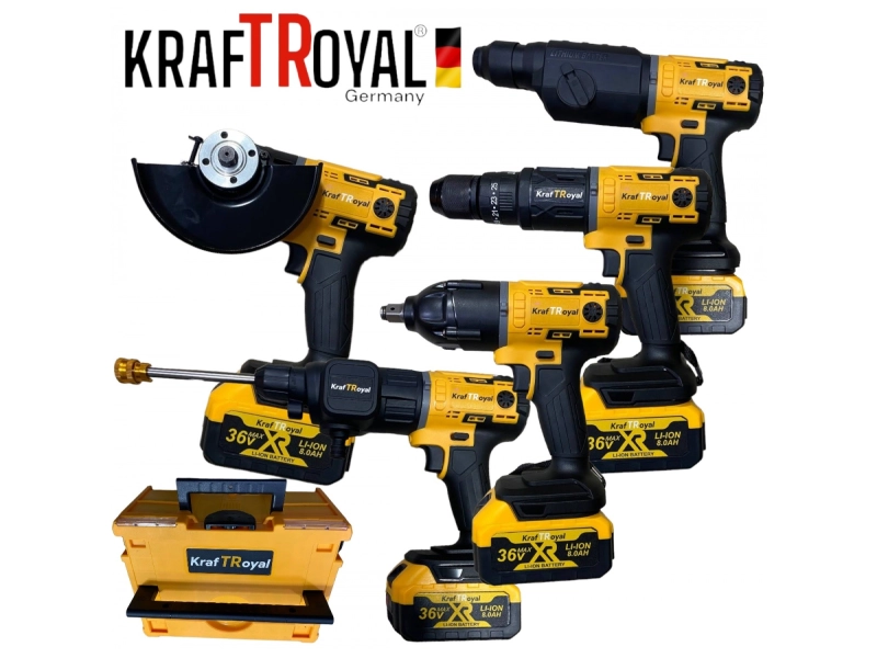 5в1 универсален комплект KraftRoyal с 5 приставки: винтоверт, гайковерт-импакт, перфоратор,водоструйка и ъглошлайф - KraftRoyal 1749