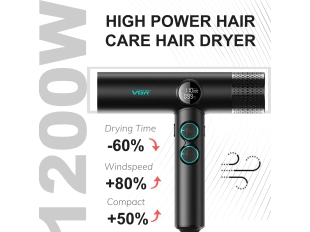 Професионален сешоар черен VGR-401 с отрицателни йони, BLDC мотор за бързо сушене с нисък шум, LED дисплей