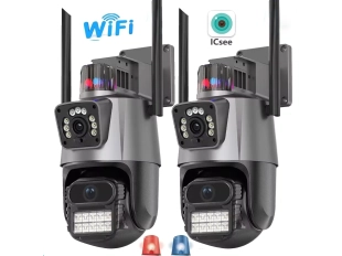2бр. Двойна външна въртяща WiFi AI камера 8MP с два обектива, ICSee, Черна