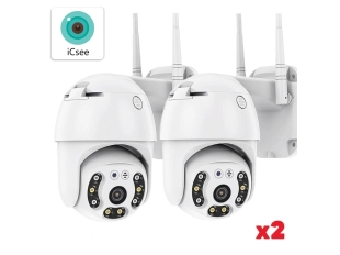 2бр. Външна въртяща WiFi AI камера 5MP, ICSee, Бяла