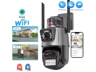 Двойна външна въртяща WiFi AI камера 8MP с два обектива, ICSee, Черна