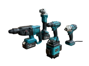 Комплект от акумулаторен перфоратор, ъглошлайф, гайковерт, винтоверт и строителен лазер с 16 линии