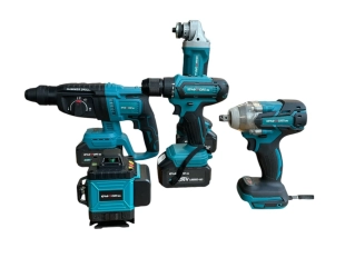 Комплект от акумулаторен перфоратор, ъглошлайф, гайковерт, винтоверт и строителен лазер с 16 линии