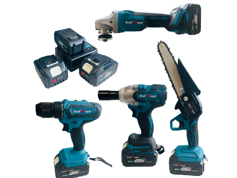 Комплект от акумулаторна мини резачка, ъглошлайф, гайковерт и винтоверт 36V с 3 броя батерии 8Ah и зарядно KraftRoyal Комплект от акумулаторна мини резачка, ъглошлайф, гайковерт и винтоверт 36V с 3 броя батерии 8Ah и зарядно KraftRoyal - KraftRoyal 1735