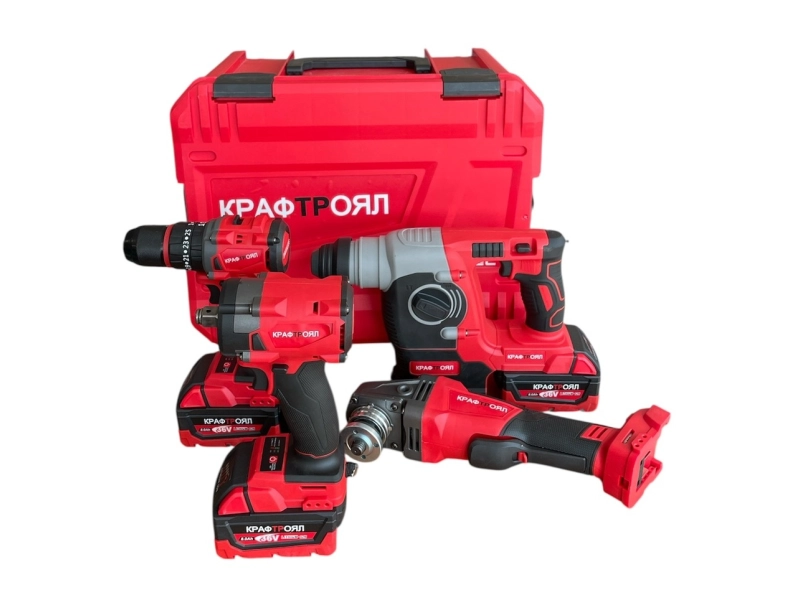 Комплект акумулаторен къртач, ъглошлайф, гайковерт и винтоверт с 3 броя батерии 36V 8Ah и зарядно KraftRoyal - KraftRoyal 3196