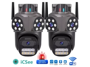 2бр. Тройна външна въртяща WiFi AI камера 10MP с три обектива, ICSee, Черна