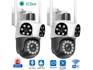 2бр. Тройна външна въртяща WiFi AI камера 12MP с три обектива и  10x ZOOM, ICSee, Бяла