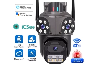 Тройна външна въртяща WiFi AI камера 10MP с три обектива, ICSee, Черна