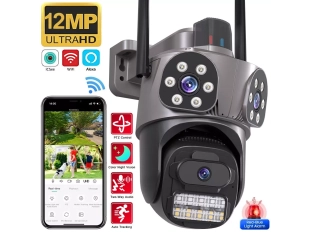 Тройна външна въртяща WiFi AI камера 10MP с три обектива, ICSee, Черна